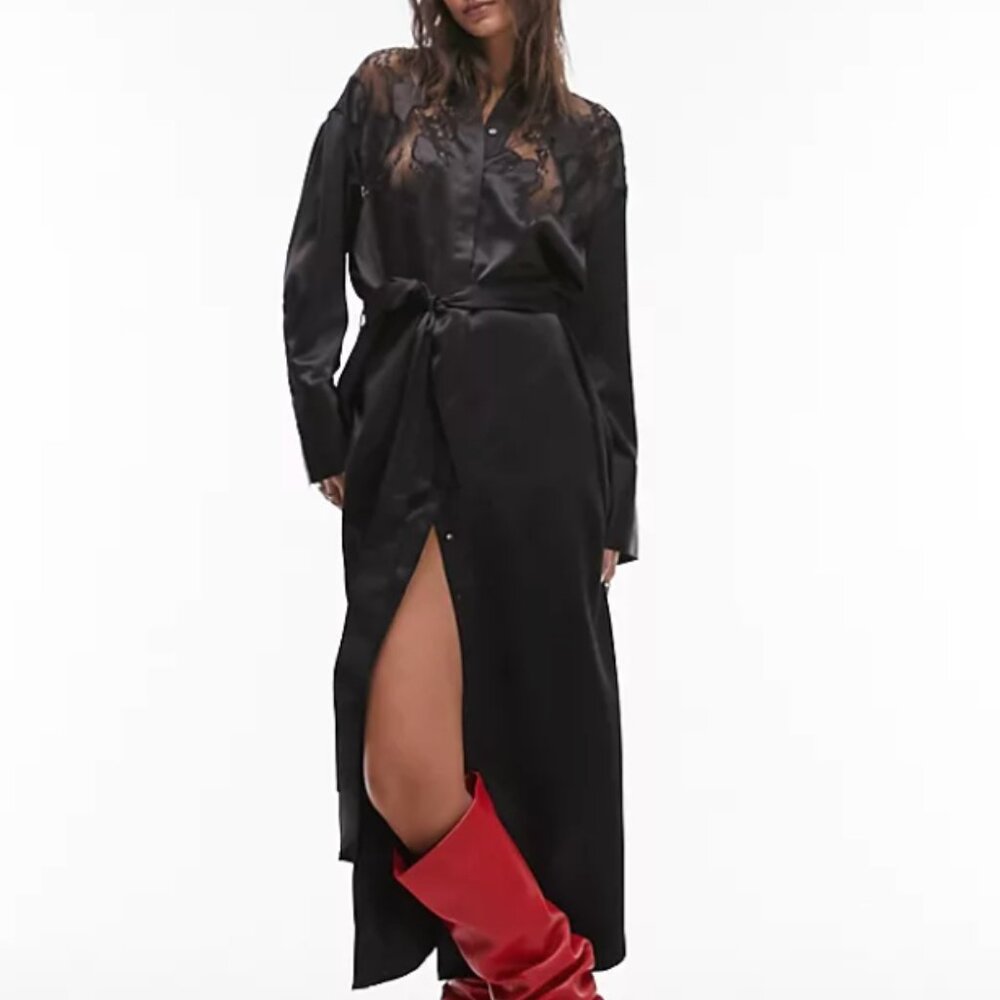 Topshop midi lace shirt dress in black